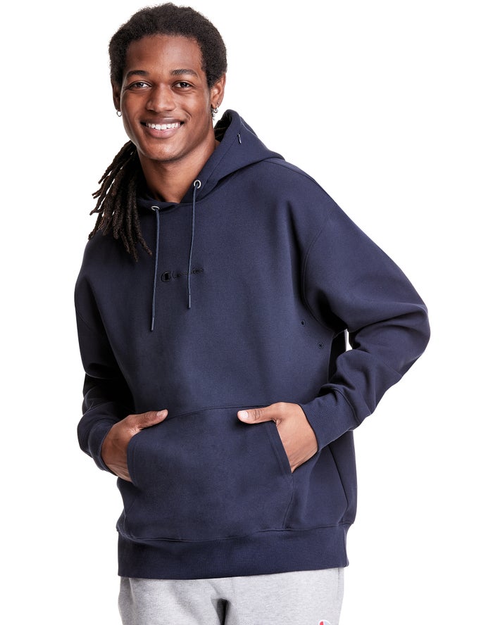 Champion Mens Hoodie NZ - Tech Weave Script Logo Navy ( 0163-FXCKU )